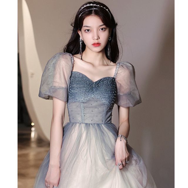 A-Line / Gradient Midi Evening Gown Mesh Dress Puff-Sleeve