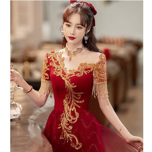 Midi Evening Fringed Sequin Short-Sleeve Dress / A-Line Gown