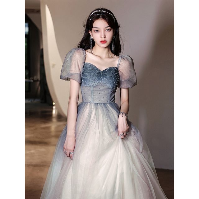 A-Line / Gradient Midi Evening Gown Mesh Dress Puff-Sleeve