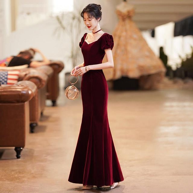 Dress Puff-Sleeve / Bow Midi Gown Mermaid Evening