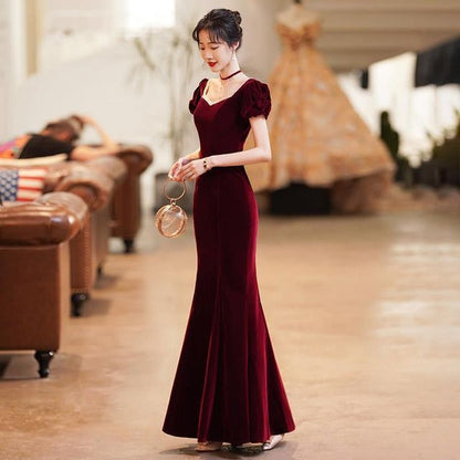 Puff-Sleeve Bow Mermaid Evening Gown / Midi Dress