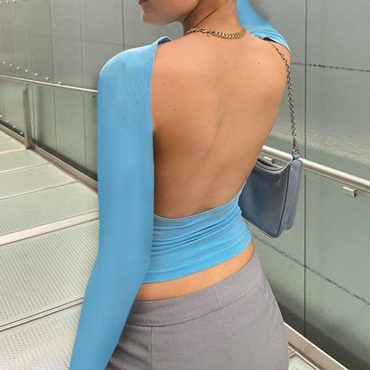 Long-Sleeve Boat Neck Plain Backless Two Way Crop T-Shirt