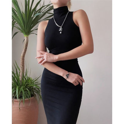 Dress Sleeveless Slim-Fit Plain Turtleneck