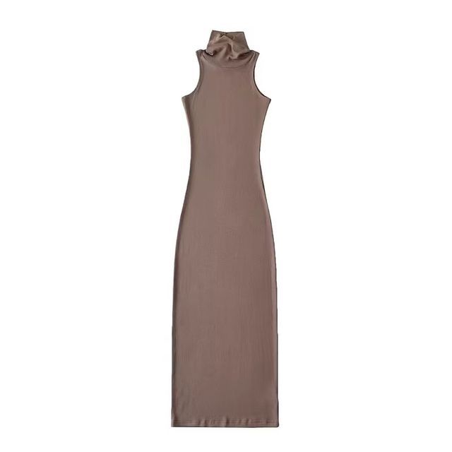 Dress Sleeveless Slim-Fit Plain Turtleneck