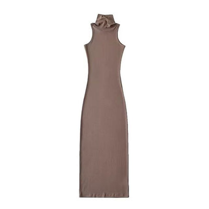 Dress Sleeveless Slim-Fit Plain Turtleneck