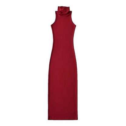 Dress Sleeveless Slim-Fit Plain Turtleneck
