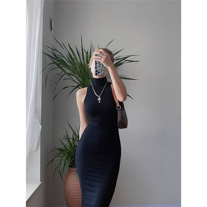 Dress Sleeveless Slim-Fit Plain Turtleneck