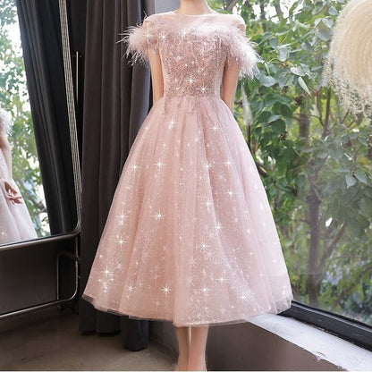 Short-Sleeve Crew Neck Fluffy Trim Sequined Panel Sheer Overlay A-Line Evening Dress (Various Designs)