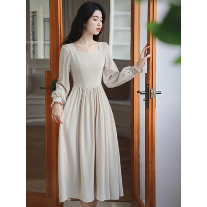 Sleeveless Square Neck Floral Top / Long-Sleeve Plain Midi A-Line Dress / Set