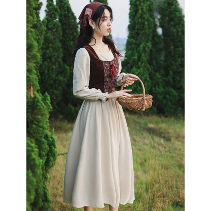 Sleeveless Square Neck Floral Top / Long-Sleeve Plain Midi A-Line Dress / Set