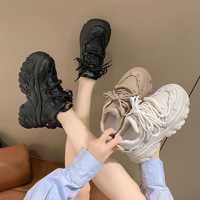 Lettering Print Plain Fleece-Lined Faux Leather Platform Sneakers