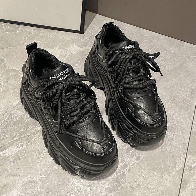 Lettering Print Plain Fleece-Lined Faux Leather Platform Sneakers