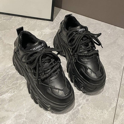 Lettering Print Plain Fleece-Lined Faux Leather Platform Sneakers