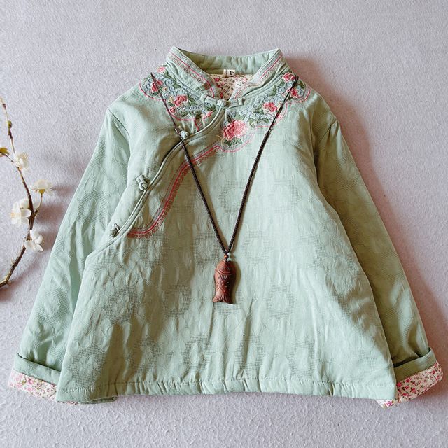 Mandarin Collar Floral Embroidered Frog Button Jacket