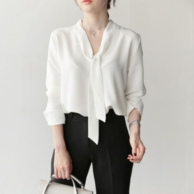 Lace-Up V-Neck Chiffon Long-Sleeve Blouse