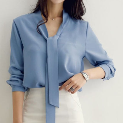 Lace-Up V-Neck Chiffon Long-Sleeve Blouse