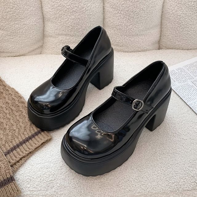 Faux Leather Platform Block Heel Mary Jane Shoes
