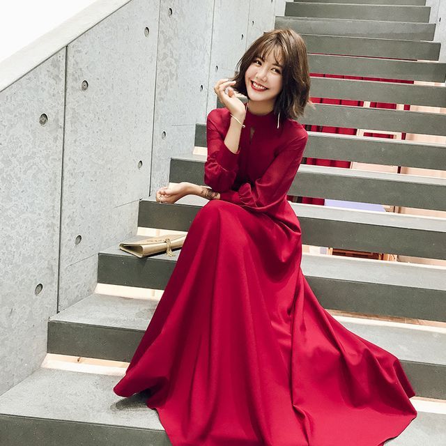 Balloon-Sleeve Mock Neck Plain Ribbon Back A-Line Evening Dress (Various Designs)