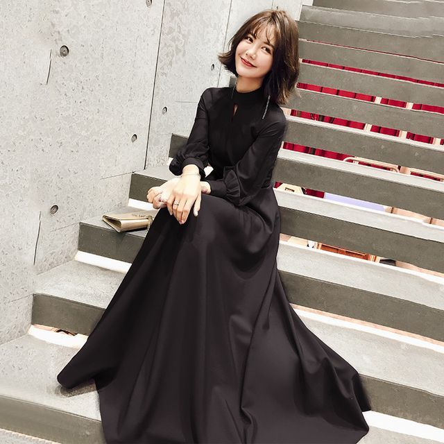 Balloon-Sleeve Mock Neck Plain Ribbon Back A-Line Evening Dress (Various Designs)