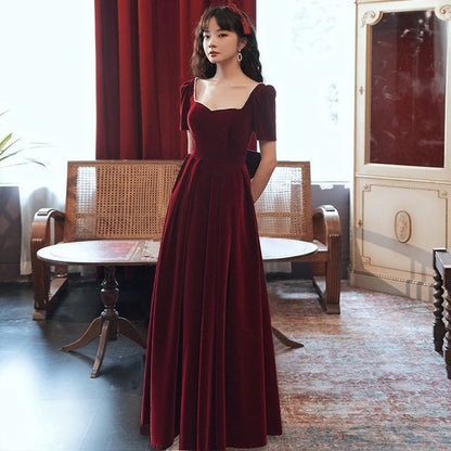 Short-Sleeve Sweetheart Neckline Faux Pearl Trim Plain Velvet A-Line Pleated Evening Dress (Various Designs)