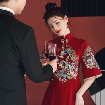 Maternity Elbow-Sleeve Mandarin Collar Floral Embroidery A-Line Evening Dress (Various Designs)