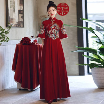 Maternity Elbow-Sleeve Mandarin Collar Floral Embroidery A-Line Evening Dress (Various Designs)