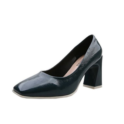 Square-Toe Chunky Heel Patent Pumps