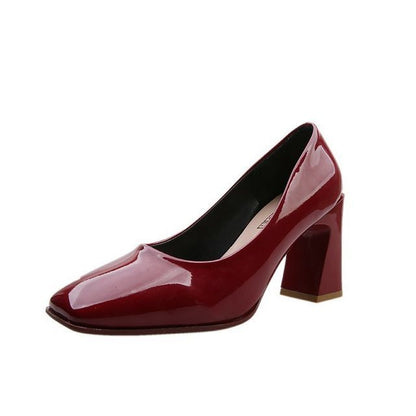 Square-Toe Chunky Heel Patent Pumps