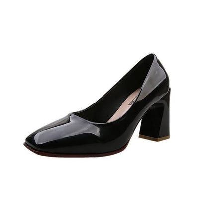 Square-Toe Chunky Heel Patent Pumps