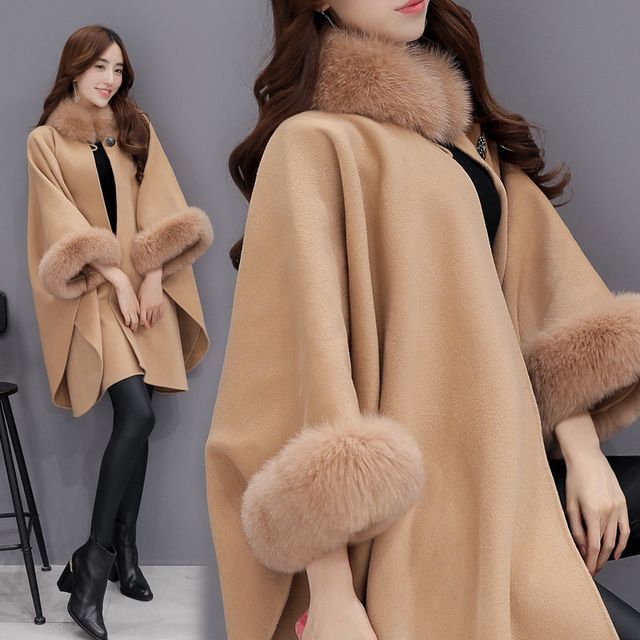 Plain Faux Fur Trim Button Cape