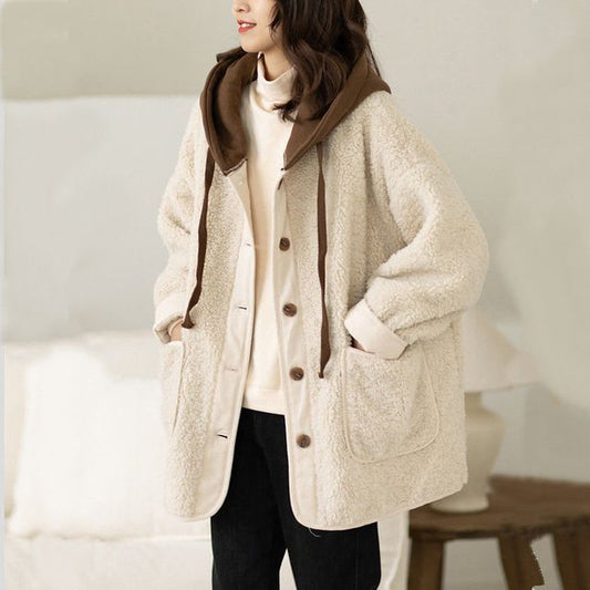 Mock Two Piece Hood Button Teddy Jacket