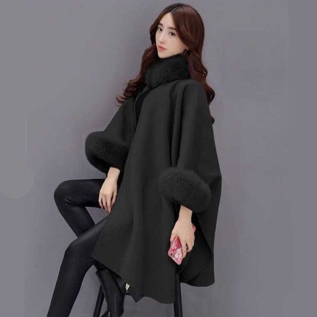 Plain Faux Fur Trim Button Cape