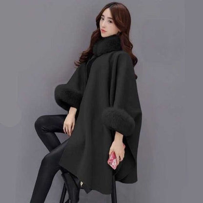 Plain Faux Fur Trim Button Cape