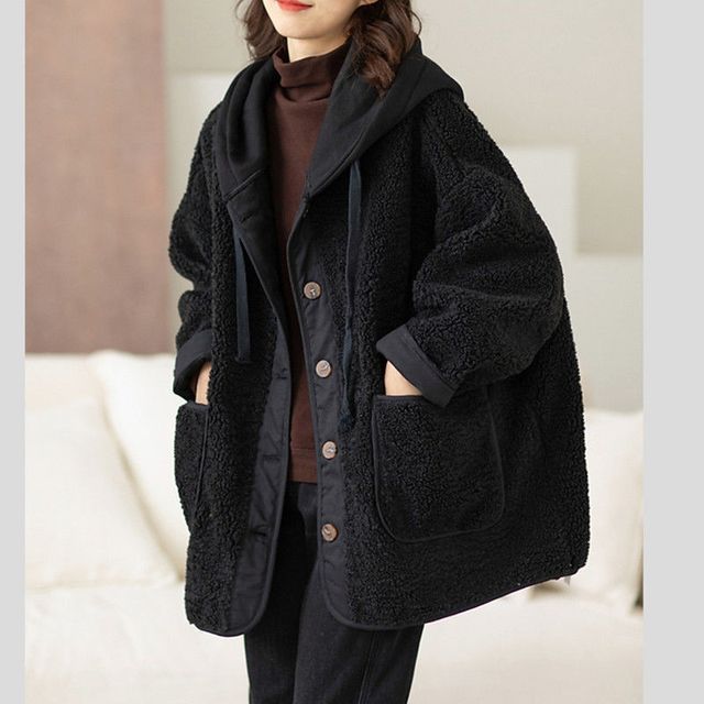Mock Two Piece Hood Button Teddy Jacket