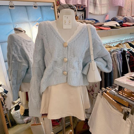 Oversized Cable Knit Cardigan and Lace Top Combo