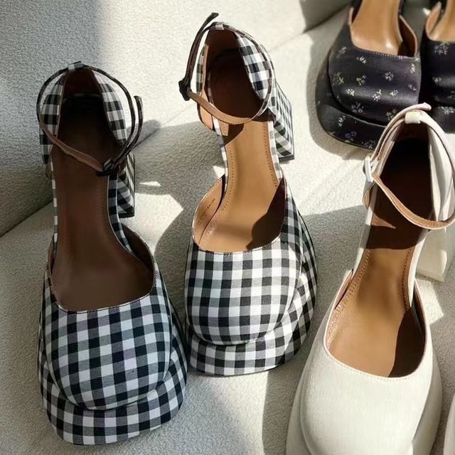 Strap Ankle Pumps Square-Toe Block-Heel