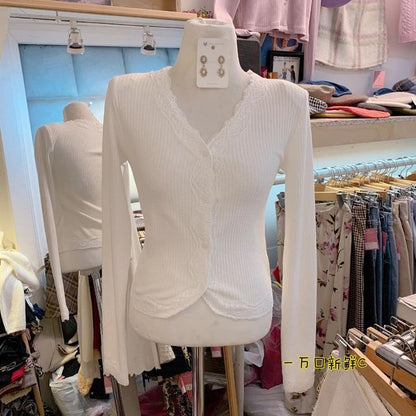 Oversized Cable Knit Cardigan and Lace Top Combo