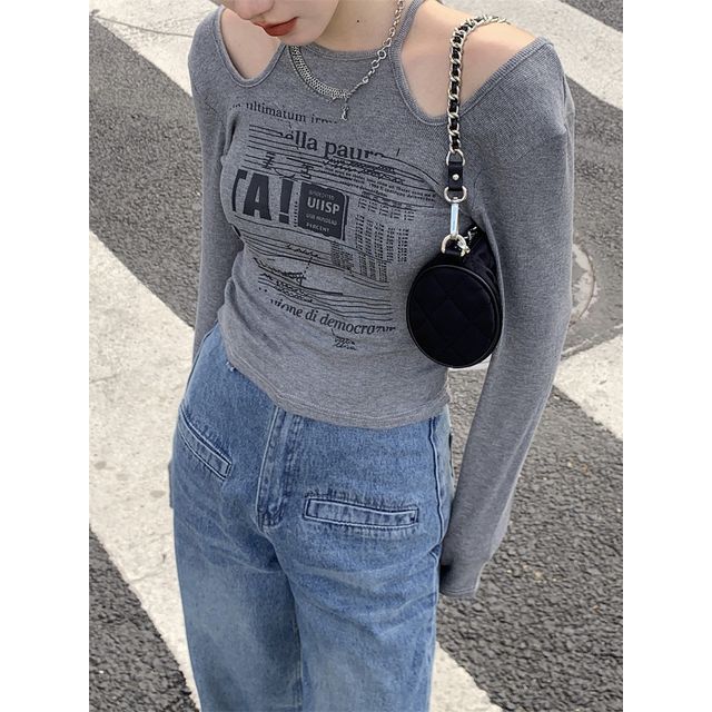 Print Slim-Fit Long-Sleeve Top Cold-Shoulder