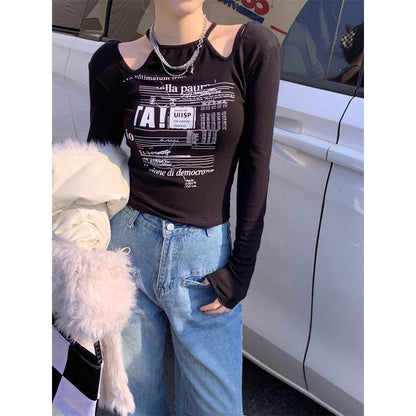 Print Slim-Fit Long-Sleeve Top Cold-Shoulder