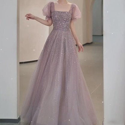 A-Line Gown Puff-Sleeve Sequin Evening Neck Square