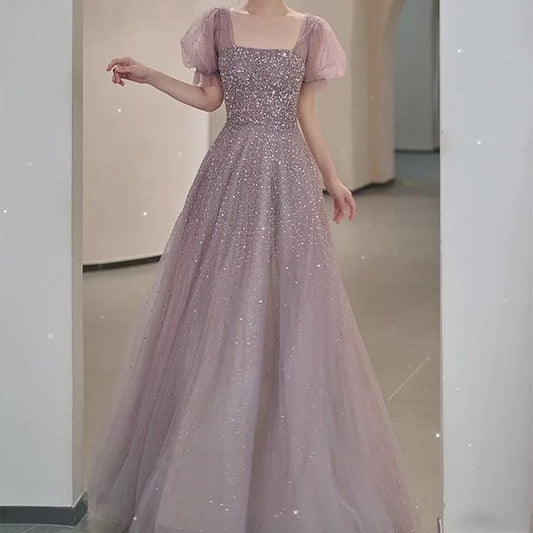 A-Line Gown Puff-Sleeve Sequin Evening Neck Square