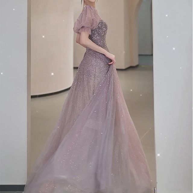 Puff-Sleeve Square Neck Sequin A-Line Evening Gown