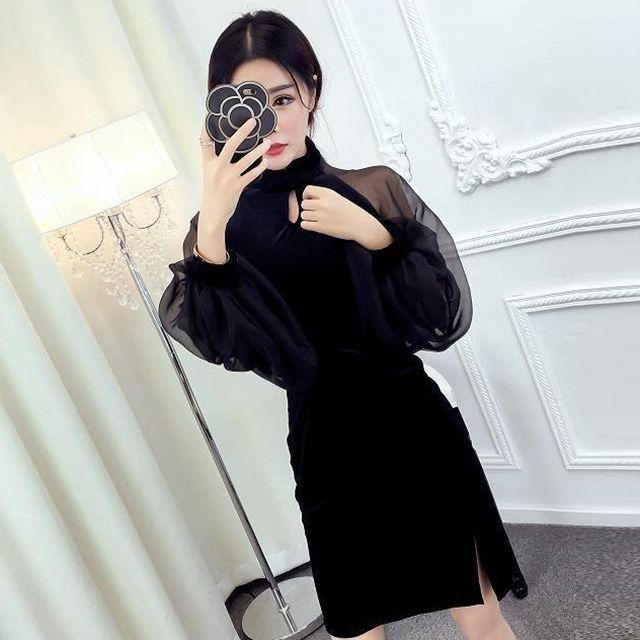 Long-Sleeve Plain Cut Out Qipao Dress