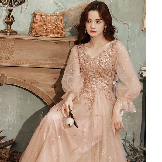 Long-Sleeve V-Neck Sequined Floral Sheer Overlay A-Line Evening Gown