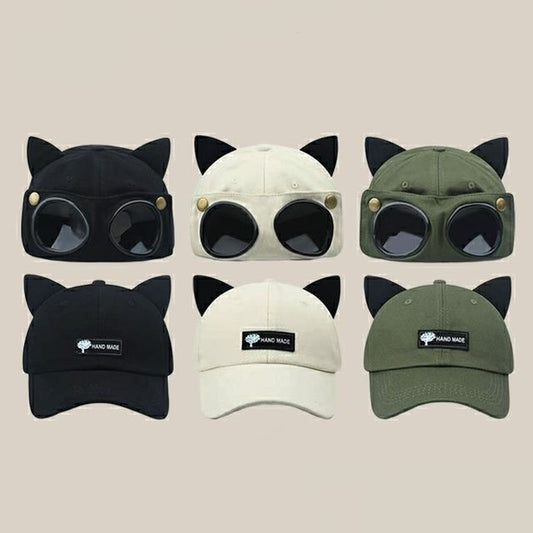Cat Ear Baseball Cap with Aviator Goggles