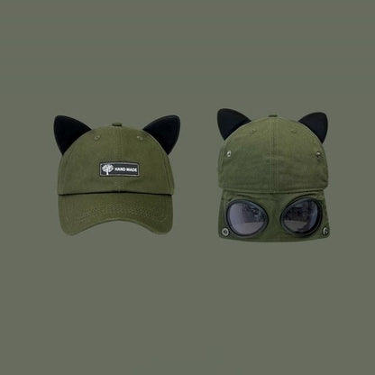 Cat Ear Baseball Cap with Aviator Goggles