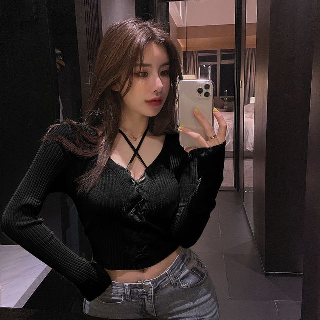 Halter-Neck Ribbed Crop Lace-Up Knit Top