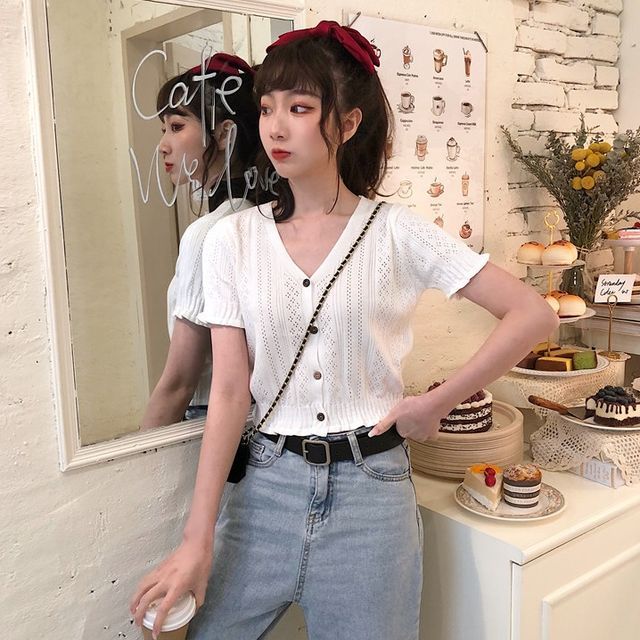 Top Button-Up Perforated Knit Short-Sleeve V-Neck