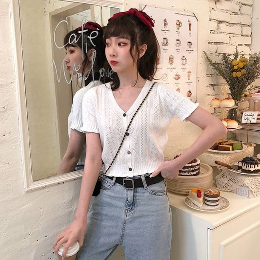 Top Button-Up Perforated Knit Short-Sleeve V-Neck