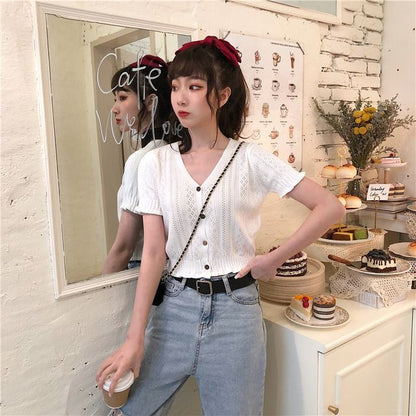 Top Button-Up Perforated Knit Short-Sleeve V-Neck